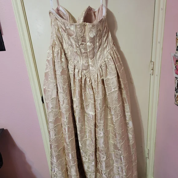 Azazie Strapless Floral Jacquard Midi Dress in Vintage Blush Champagne - Picture 6 of 8